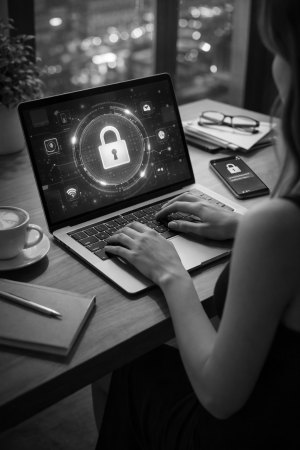 Secure digital workspace symbolizing privacy protection and technology Secure digital workspace symbolizing privacy protection and technology